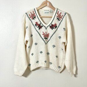 Vtg Knit Sweater Floral Embroidered Grannycore Cottagecore Pink Green Flowers